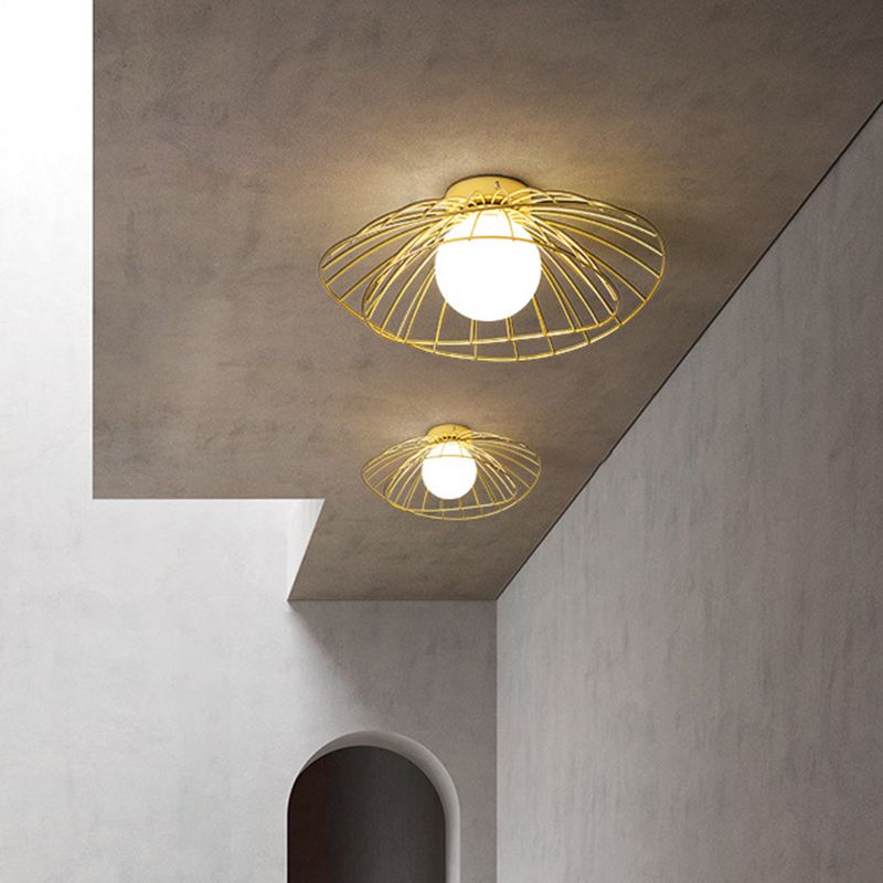 Iron Wire Saucer Shaped Flush Light Modern 1-Light Small Ceiling Mount Light with Ball White Glass Shade