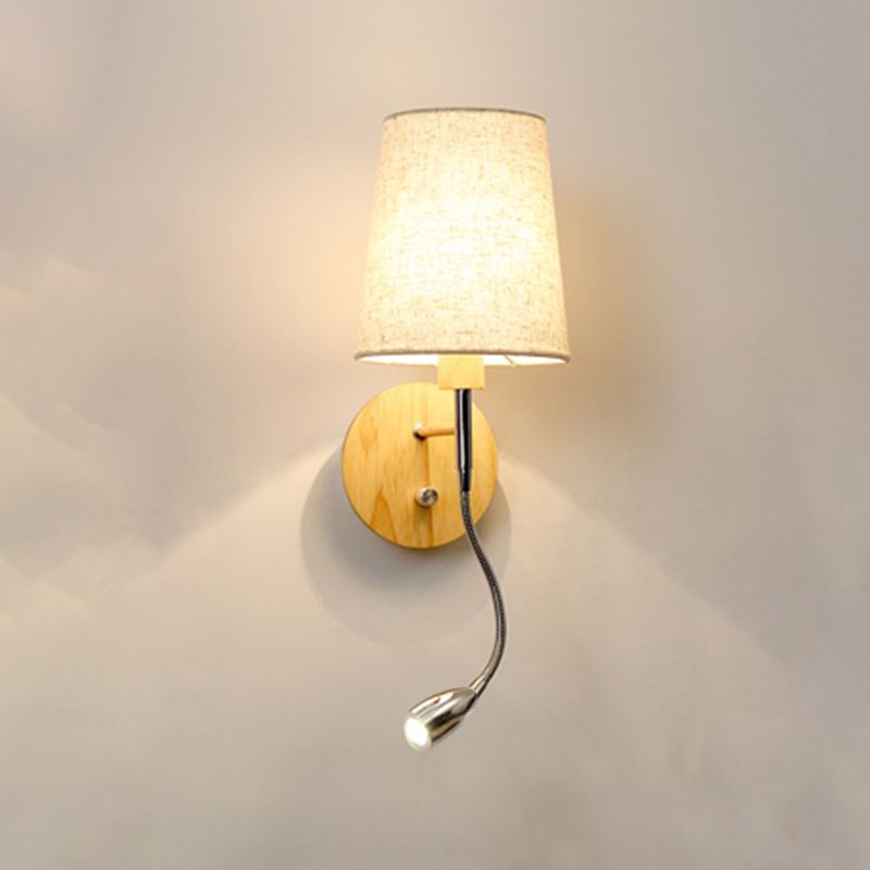 Geometric Fabric Reading Wall Light Nordic 2-Light Natural Wood Wall Lamp with Switch