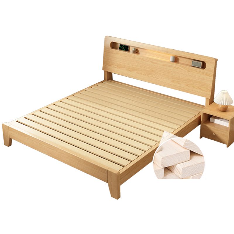 Natural Solid Wood Panel Bed with Headboard Standard Bed with Shelves