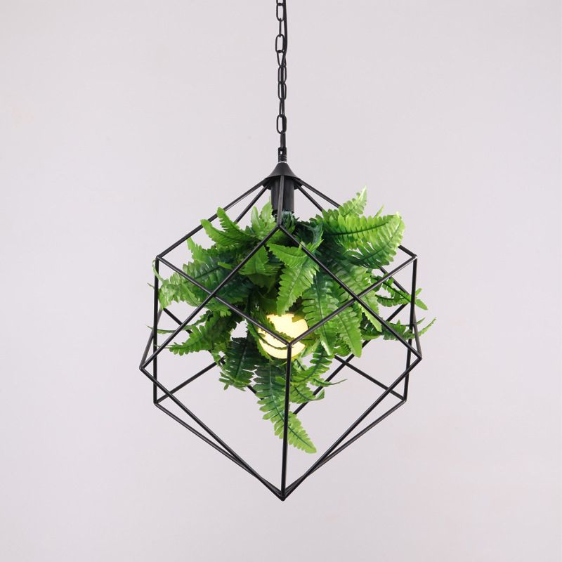 Metalen geometrische kooi druppel hanger industrieel 1 lamp restaurant ophanging licht met faux bladdecor