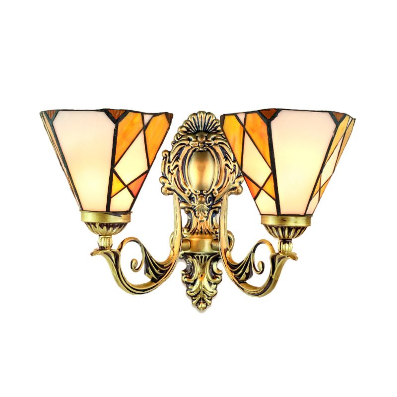 Geometric Wall Sconce Lighting Tiffany Style Stained Glass 2 Heads Wall Sconce Lamp Fixture in Beige