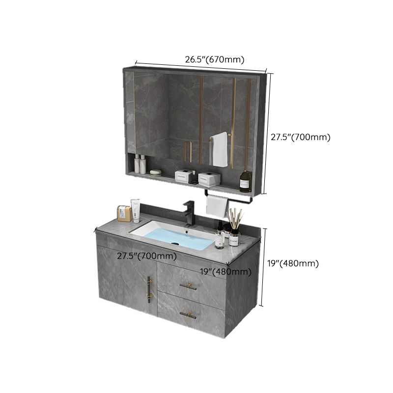 Stone Top Vanity Set Single Sink Mirror Drawers Wall-Mounted Rectangle Vanity with 2 Doors