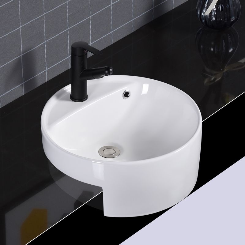 Modern Semi-Recessed Vessel Porcelain with Overflow And Drain Assembly Bathroom Sink