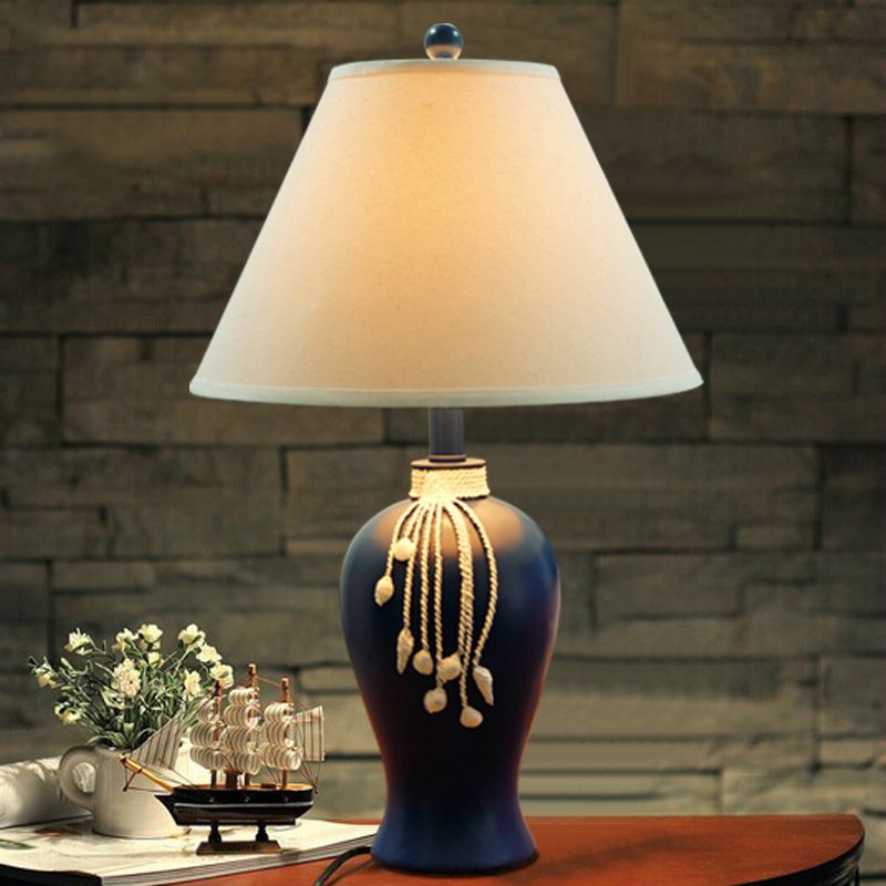 Flared Shaped Night Table Lamp Traditional Style 1-Bulb Fabric Table Light in Blue for Living Room