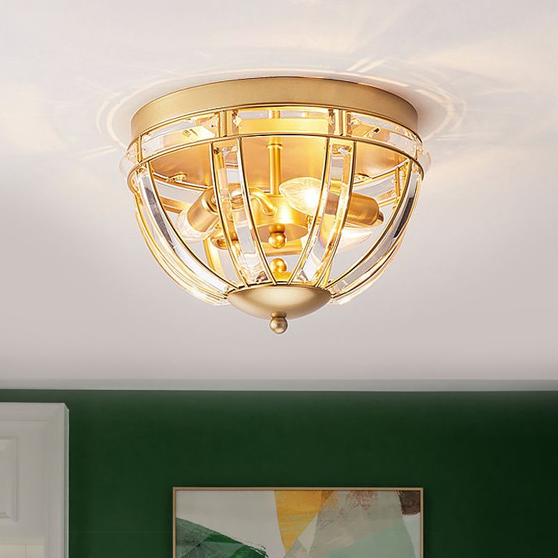 Dome Corridor Ceiling Fixture Rectangle-Cut Crystal 3 Bulbs Simplicity Flush Mount Light in Black/Gold