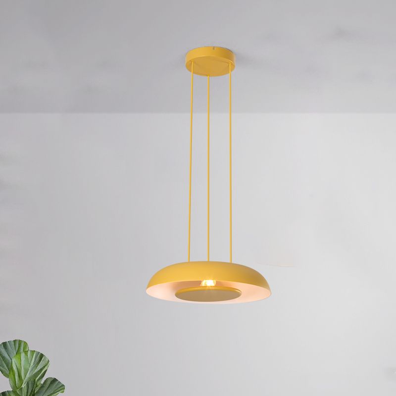 Pink/Blue/Green Plate Pendant Lamp Macaron Single Iron Hanging Light with Disc Bottom over Table