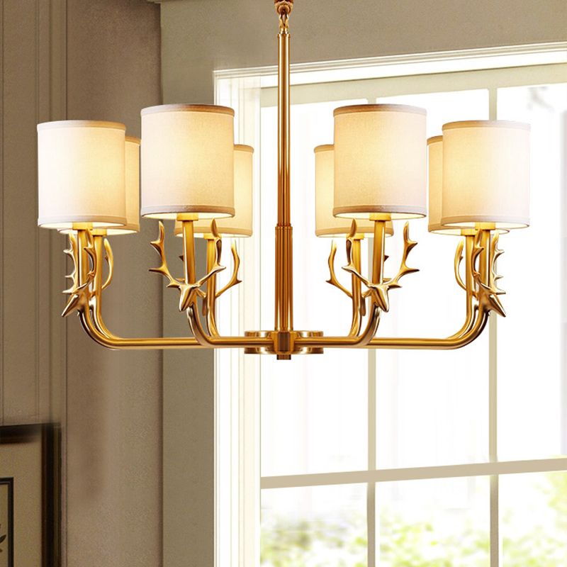 Luz de araña de tela cilíndrica Luz de la sala de estar vintage Luz colgante con acento de ciervos