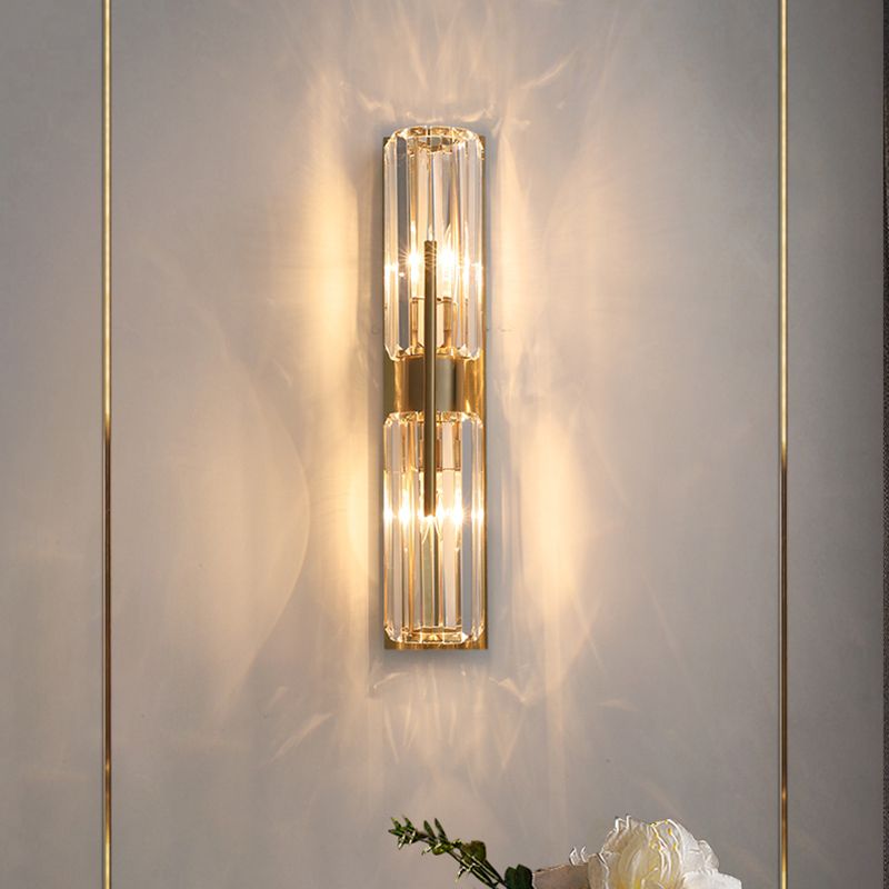 Gold 2-Lights Wall Sconce Modern Style K9 Crystal Cylindrical Wall Mounted Light