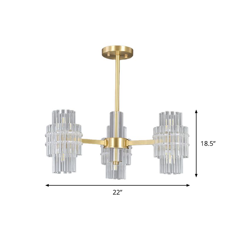 6-Light Semi Mount Lighting Postmodern Cylinder Clear Crystal Rods Close to Ceiling Light in Gold