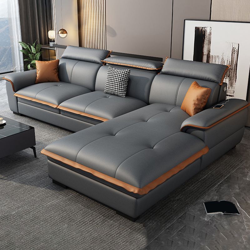 Tufted Pillow Top Arm Sectional Stain Resistant Sectional Gray Faux Leather