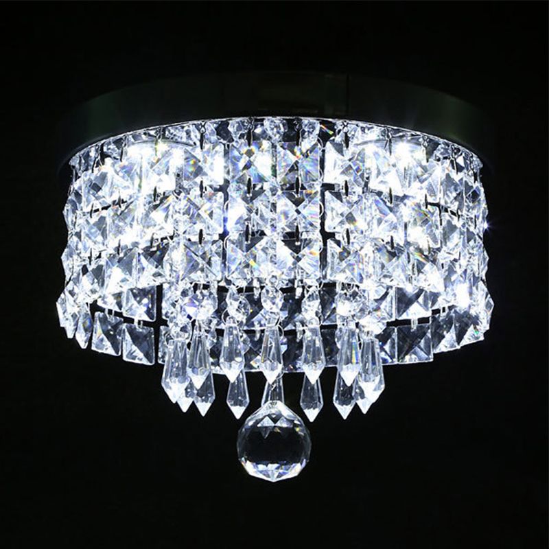 Drum Layered Flush Mount Light Crystal Glam Ceiling Light Fixture in Chrome