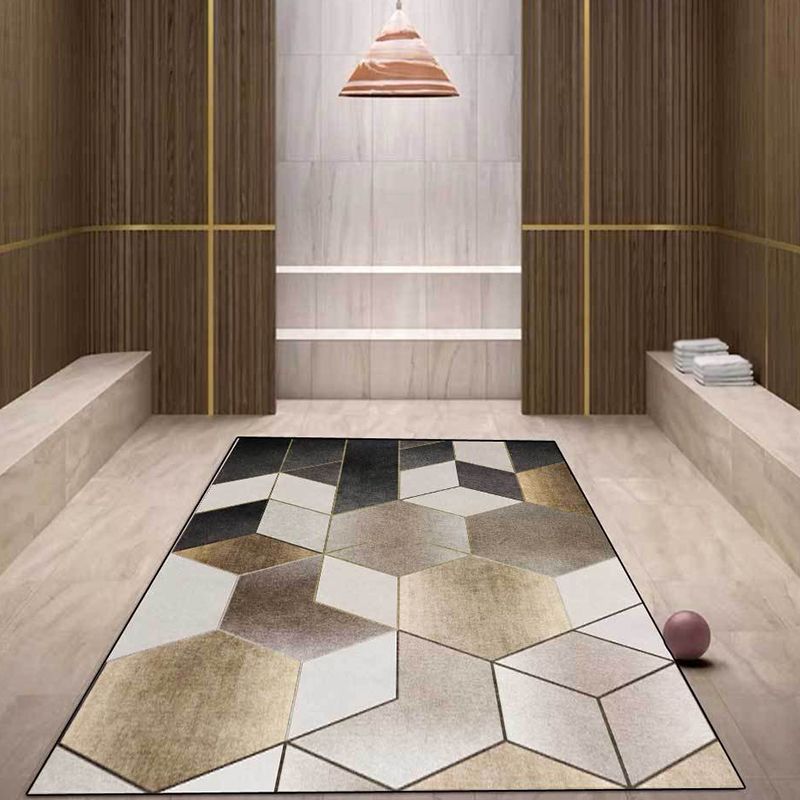 Brown and Black Bedroom Rug Modern Geometry Hexagon Triangle Pattern Area Rug Polyester Washable Carpet