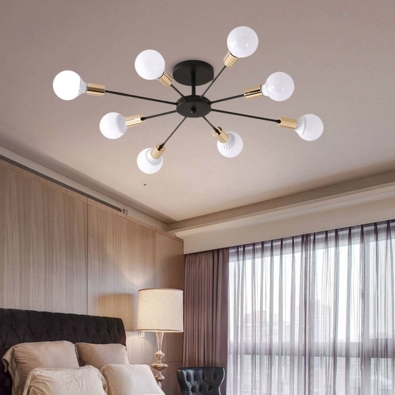 Black Sputnik Semi Flush Light Industrial Metallic 6/8 Lights Ceiling Mounted Fixture with Exposed Bulb, 23.5"/27.5" W