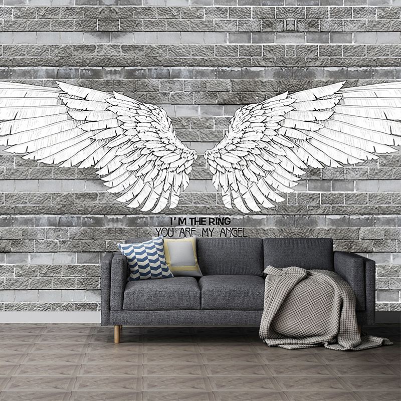 Retro Wing and Stripe Mural for Living Room, Custom-Printed Wall Decor in Grey