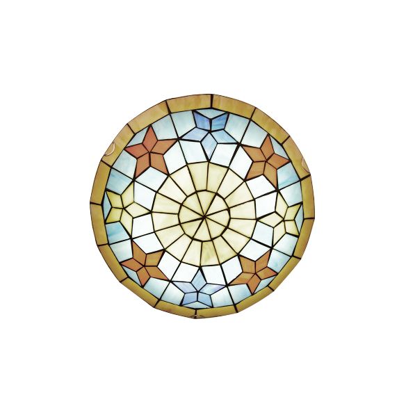 Tiffany Bowl Shape Flush Mount Light with Star Stained Glass Yellow Ceiling Lamp for Bedroom