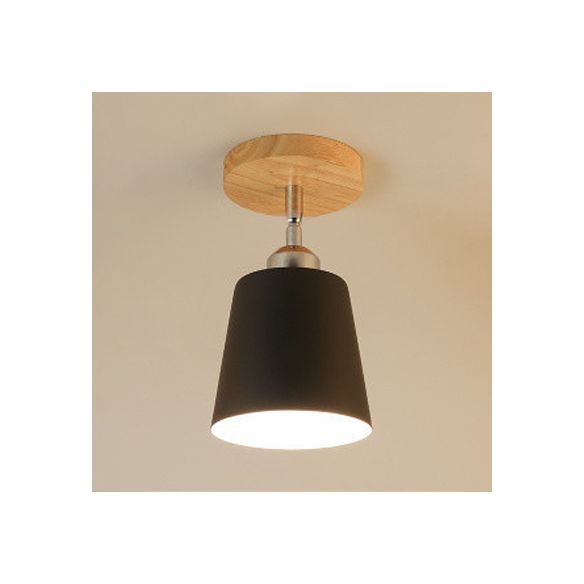 1 Bulb Close to Ceiling Light Nordic Tapered Shade Metal Semi-Flush Mount Light with Wooden Canopy in Black/White