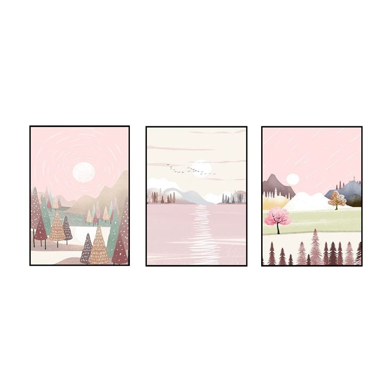 Park Scenery Wall Art Set for Living Room Beautiful Landscape Print Canvas in Pink