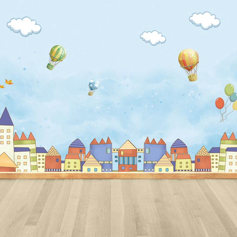 Non-Woven Big Blue Mural Cartoon Hot Air Balloons Wall Decor, Custom Size Available