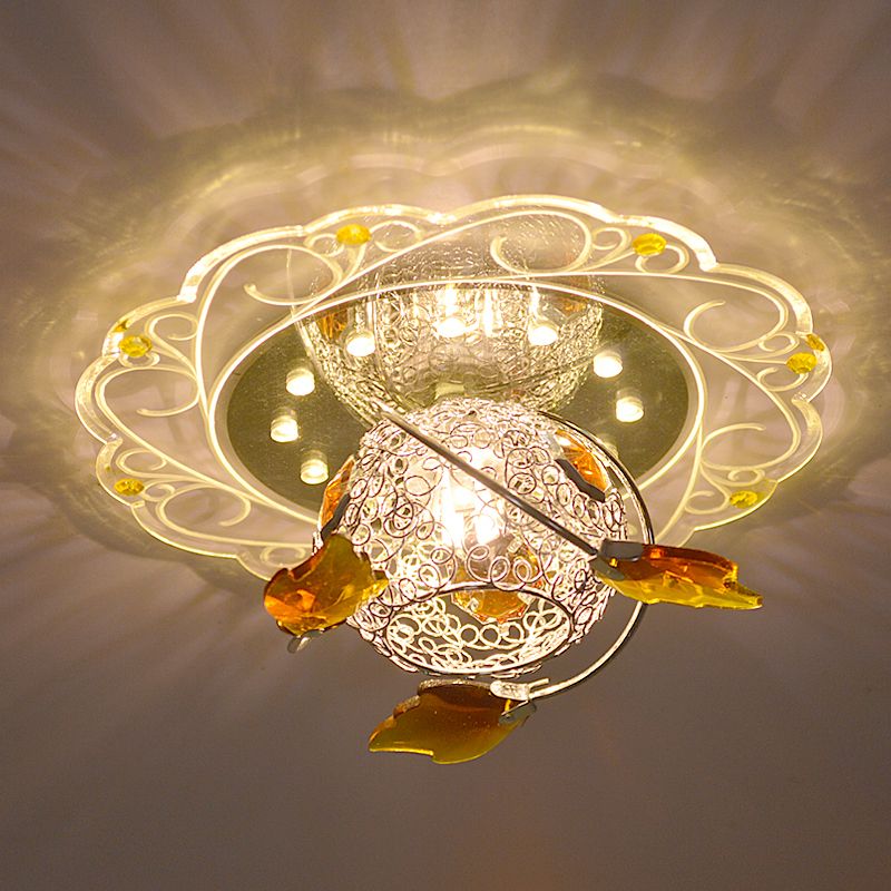 LED Hallway Flush Ceiling Light Simplicity White Scalloped Lighting Fixture with Globe Metal Shade