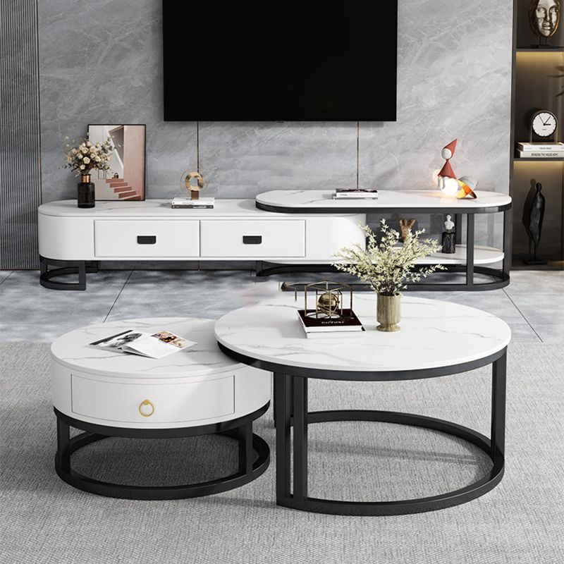 Oval White Coffee Table 2 Legs Slate Coffee Table with Metal Legs