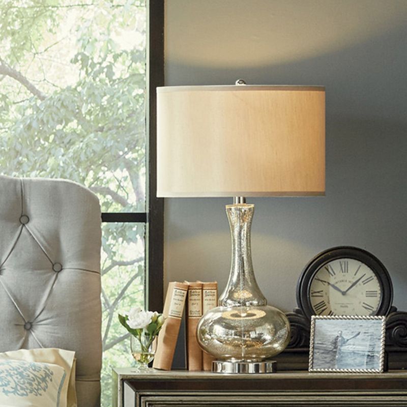 1-Bulb Night Lighting Countryside Vase Silver Crackle Glass Table Lamp with Round Shade