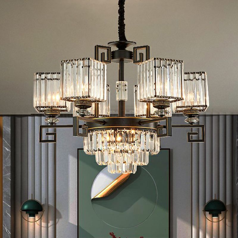 Vintage Square Chandelier Light Prismatic Crystal Ceiling Suspension Lamp in Black