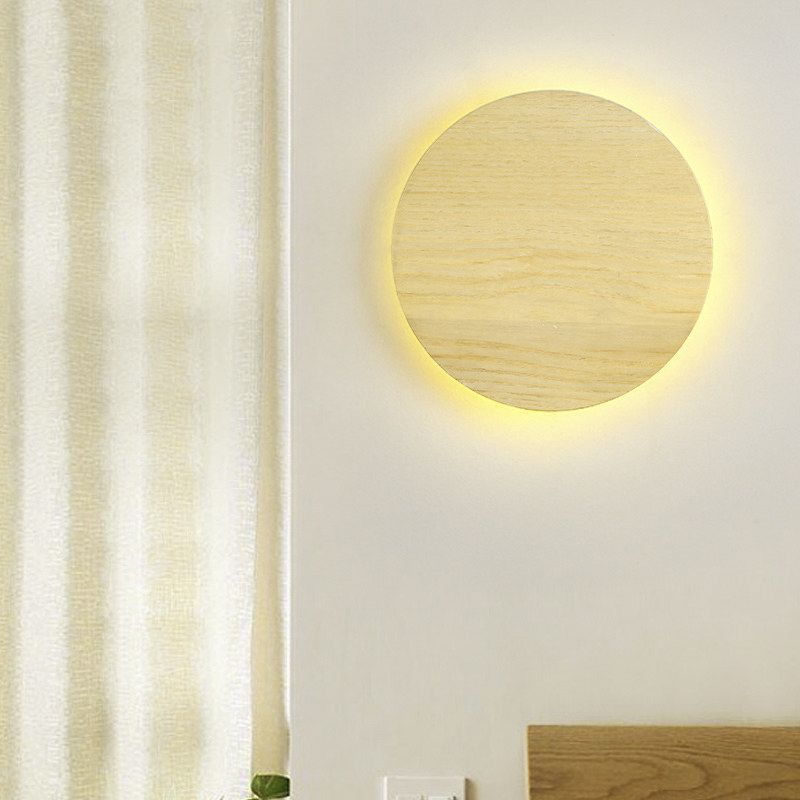 Nordic Style Wood Wall Light Round Shape 1 Light LED Wall Sconce for Bedroom