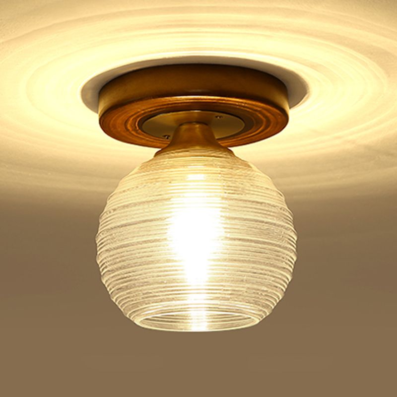 Modern Wood Ceiling Light Geometric Shape Flush Mount with Glass Shade for Living Room