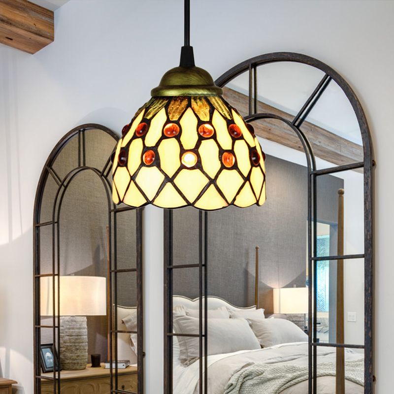 Domed Hanging Light Fixture Tiffany Cut Glass 1 Light Beige/Light Blue/Dark Blue Suspension Pendant for Bedroom