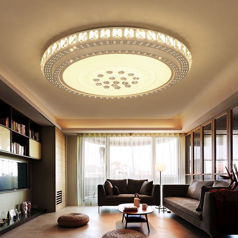 Circular Crystal Flush Mounted Lamp Simple Style White LED Ceiling Light for Living Room