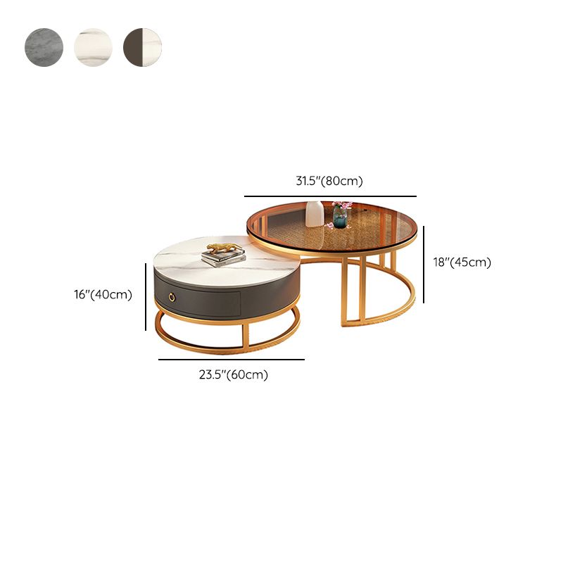 Round Nesting Coffee Table Set Frame Glass Coffee Table with Drawer