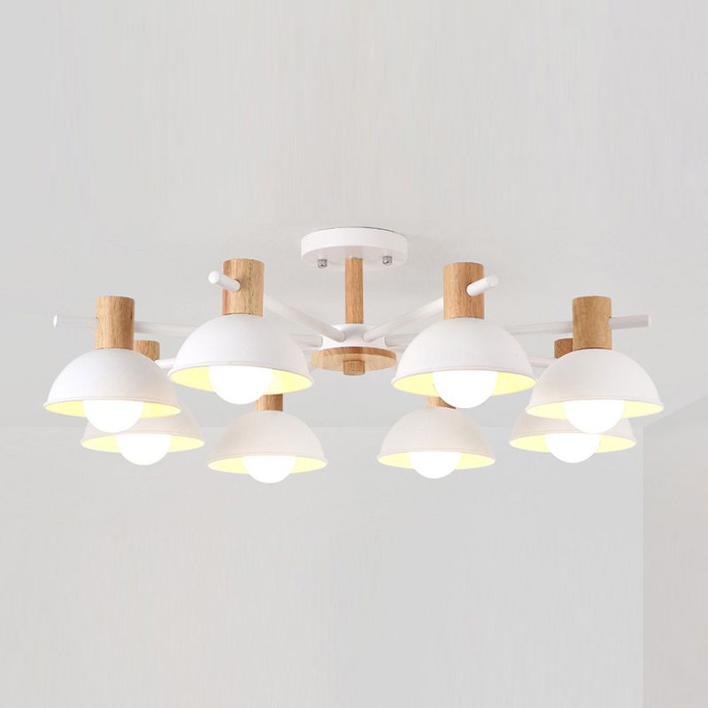 Metallic Bowl Shade Ceiling Light Macaron Style 8-Light Wood Lighting Fixture for Bedroom