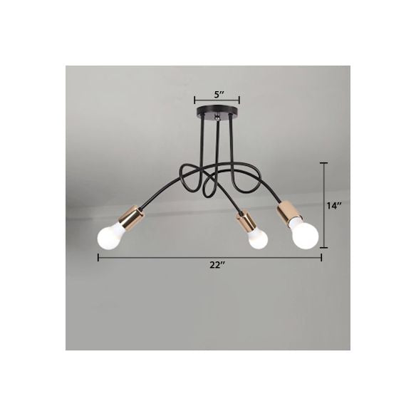 Gedraaide metalen halfverzonken plafondlamp Industriële 3/5-lichts hal halfverzonken hanglamp met kale lamp in zwart