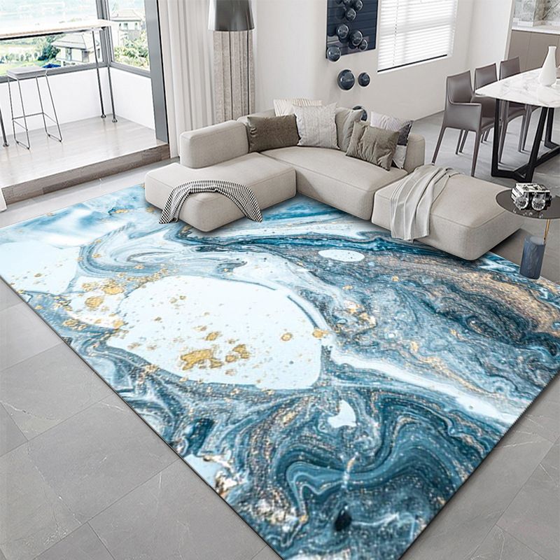 Creative Blue Tone Carpet Washable Abstract Print Indoor Rug Polyester Carpet with Anti-Slip Backing