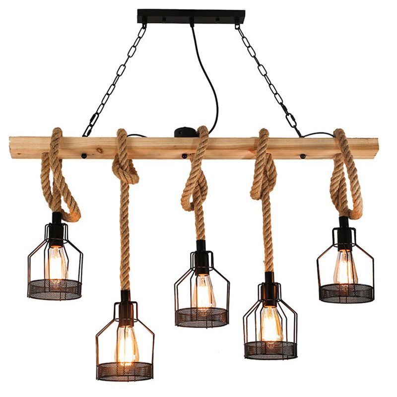 Vintage Hemp Rope Chandelier Indsutrial Retro Linear Wood Pendant with Wire Cage for Restaurant