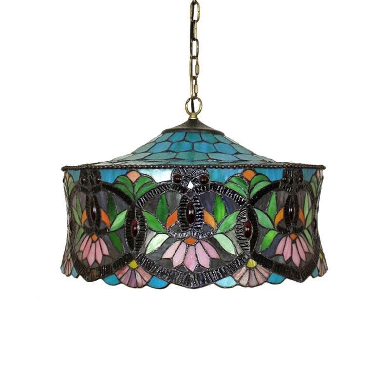 Hanging Lamps for Living Room, Victorian Style Drum Pendant Light Fixture with Stained Glass Shade, 18" W
