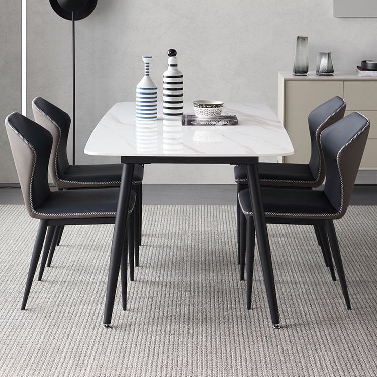 Contemporary Style Sintered Stone Dining Table with White Fixed Table and 4 Legs Base