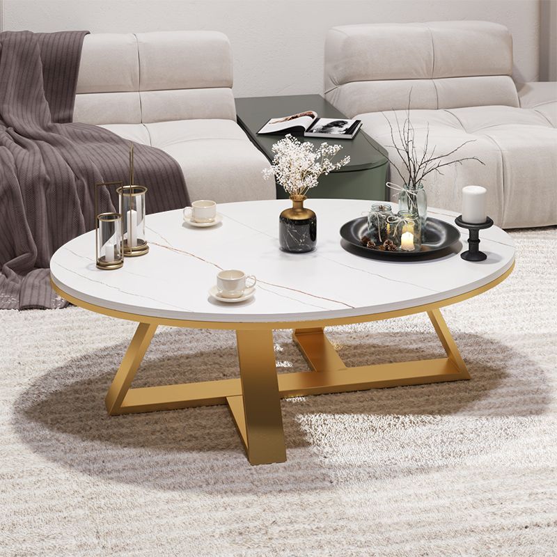 Glam Oval Stone Top Coffee Table with Iron Cross Base Cocktail Table