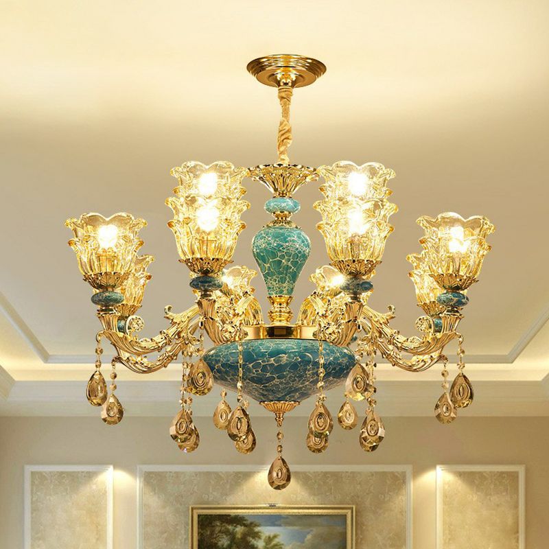 Luxe traditionele bloem omhoog kroonluchter helder glazen ophanging licht in blauw met kristallen druppels