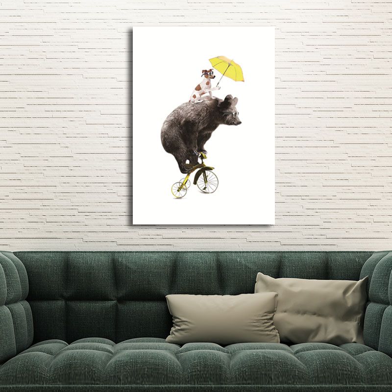 Contemporary Dog and Bear Wall Art Brown Decorative Wrapped Canvas for Living Room