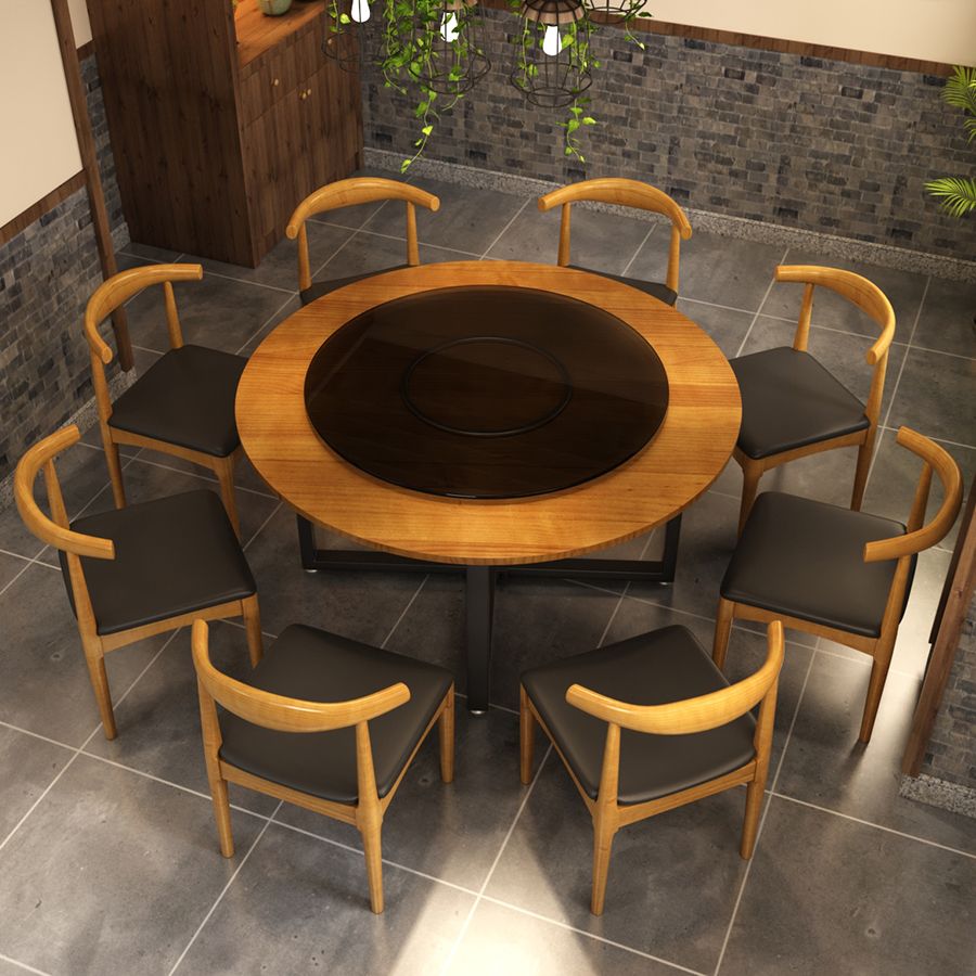 Contemporary Style Wood Dining Table Round Shape Table with Metallic Trestle Base