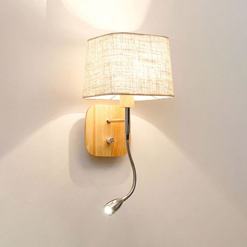 Geometric Fabric Reading Wall Light Nordic 2-Light Natural Wood Wall Lamp with Switch