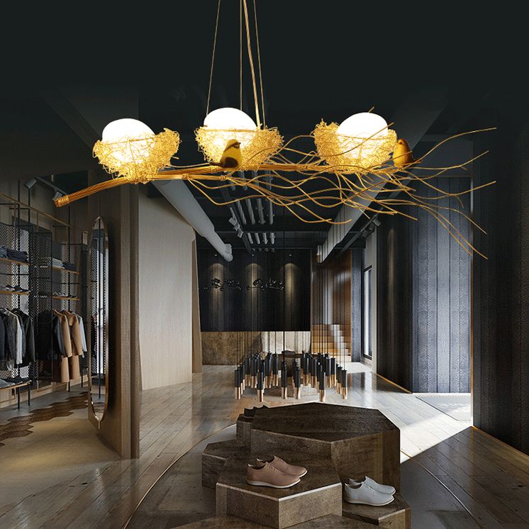 Bird and Nest Island Lampada decorativa in metallo in metallo appeso con tonalità in vetro di uova