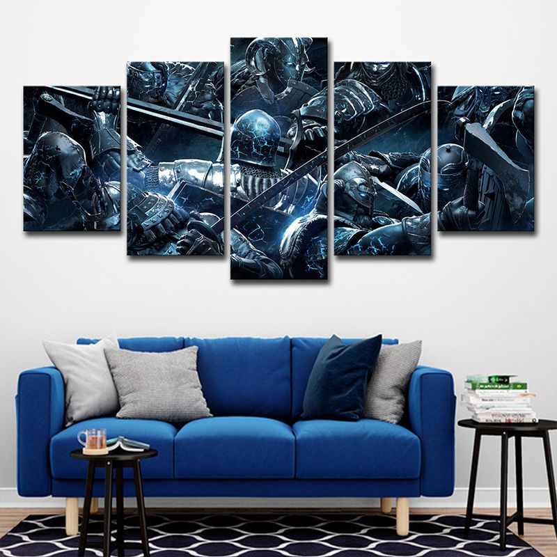 LOL Game Scene Soldiers Canvas Print Kids Style Multi-Piece Wall Art in Blue