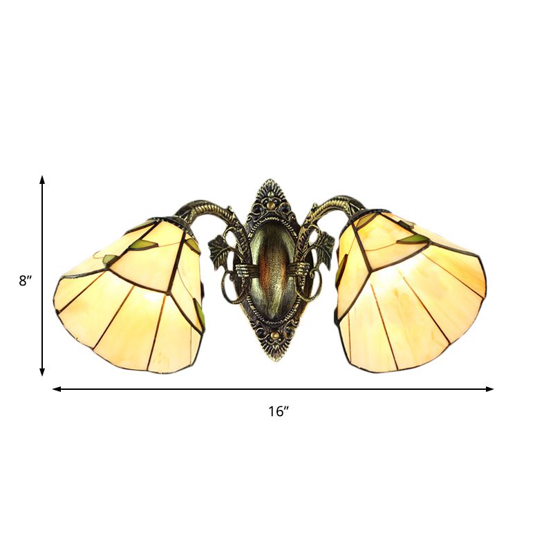 Scalloped Shade Wall Sconce Industrial Vintage Stained Glass 2 Heads Wall Lamp Fixture with Leaf Pattern