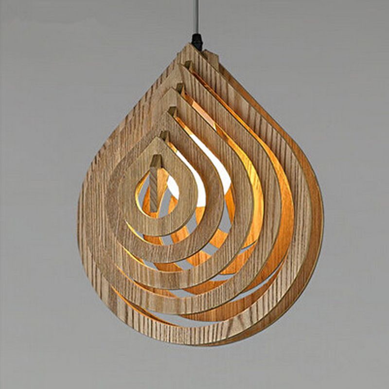 Hollowed-out Droplet Pendant Lighting Modern Wood 1-Light Bedside Down Lighting in Beige