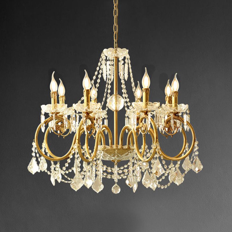 Gold Retro Rustic Style Crystal Large Chandelier Full Brass Candlestick Design Elegant Lighting Fixture for Living Room