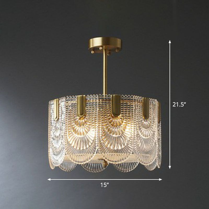 Ribbed Crystal Scalloped Round Chandelier Pendant Light Contemporary Brass Hanging Light