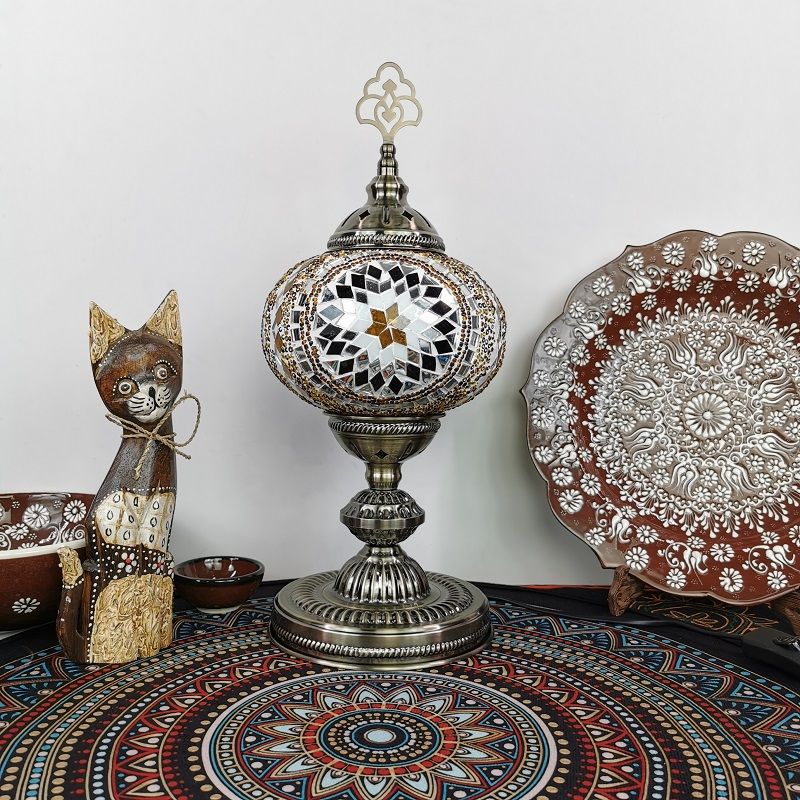 Moroccan Oblong Night Light Single Bulb Stained Art Glass Nightstand Lamp in Beige/Red/Blue for Cafe