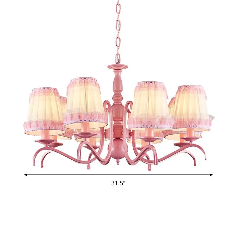 Kids Fold Tapered Shade Chandelier Metal Eight Lights Pink Pendant Light with Lace for Villa